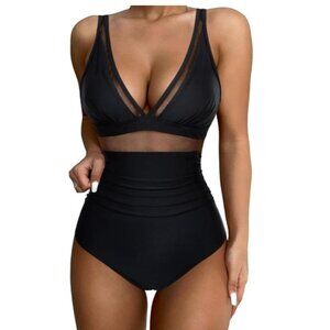 Tempt Me One Piece Womens Med Bathing Suit Black Mesh V-Neck Tummy Control